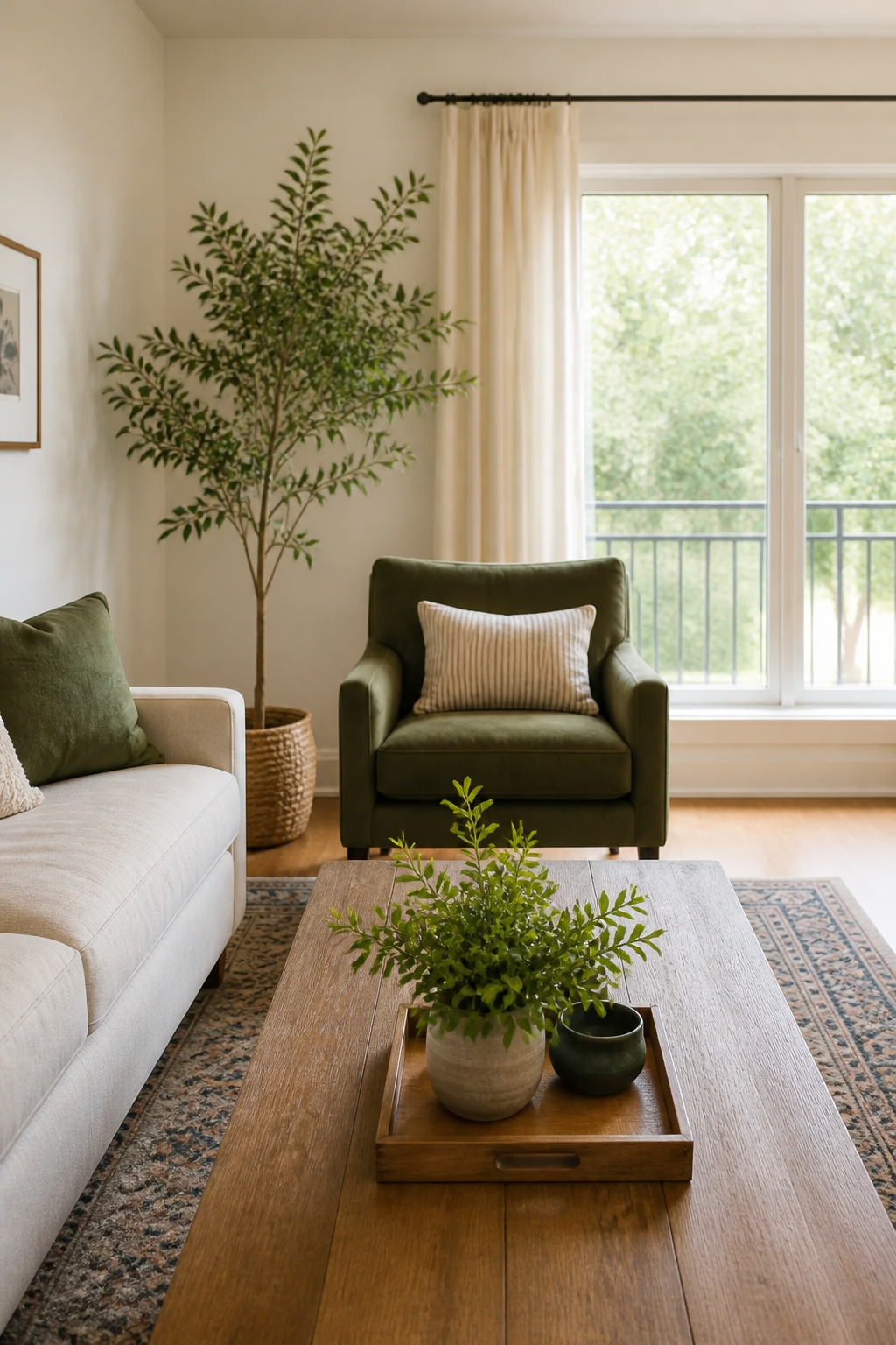 A view looking across a wooden coffee table toward a green armchair, highlighting the distance between seats.
