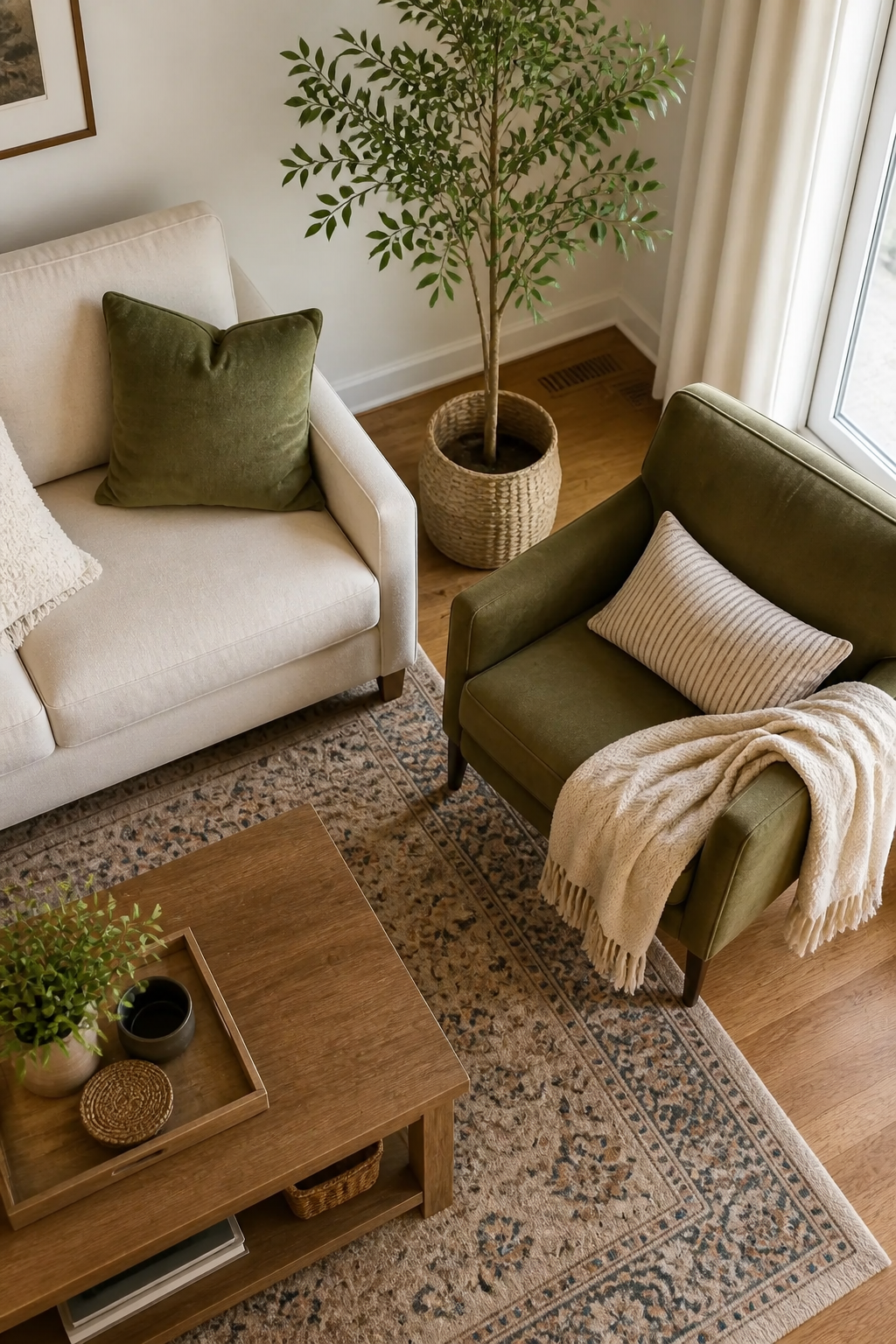 An overhead view showing the angled gap between the arm of a beige sofa and a green accent chair.