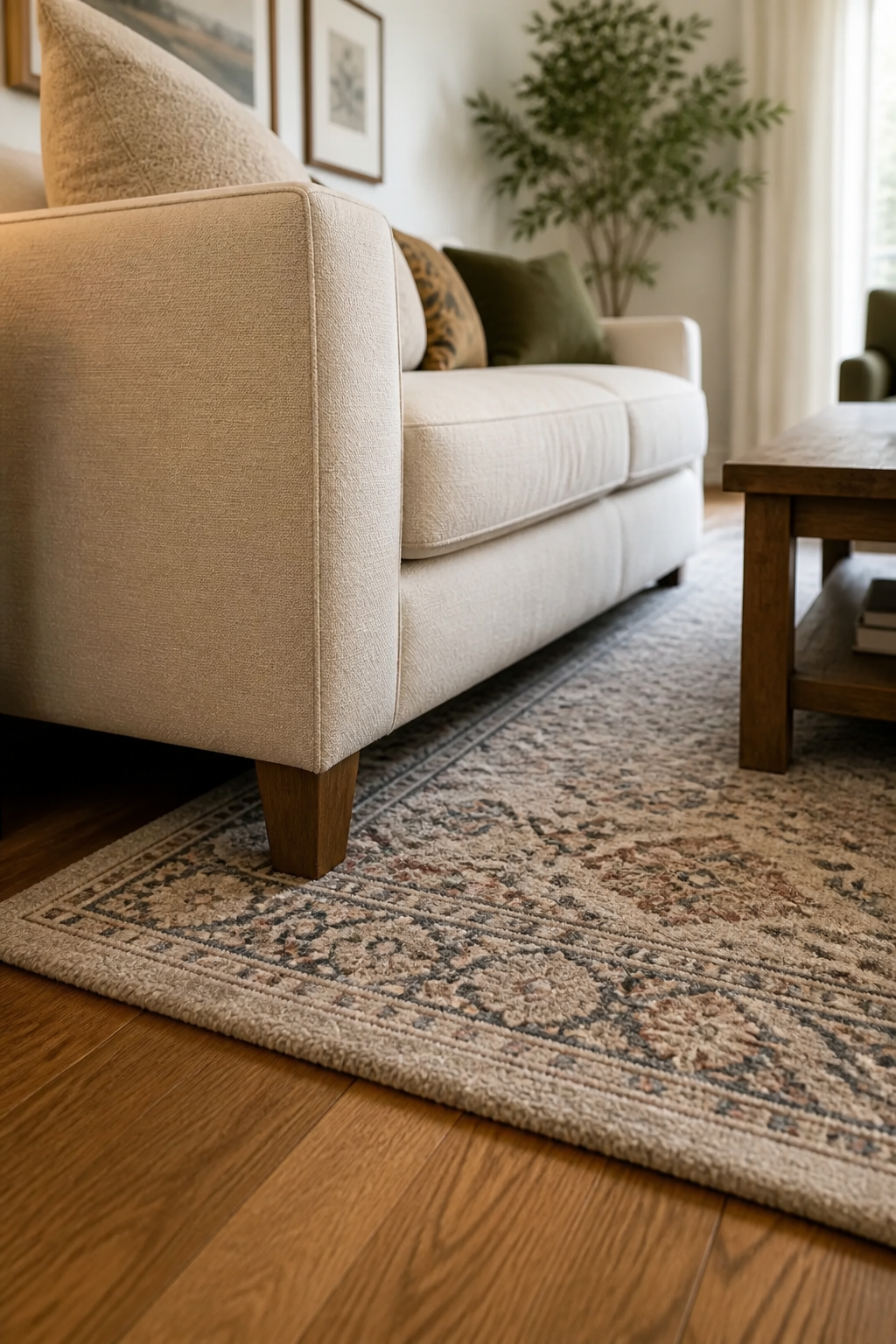 A close-up of a sofa's wooden front legs sitting firmly on the edge of a patterned area rug.
