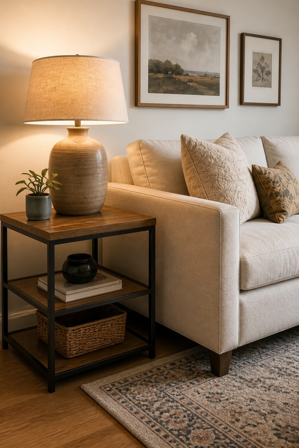 A wooden side table with a ceramic lamp positioned perfectly level with the arm of a beige sofa.