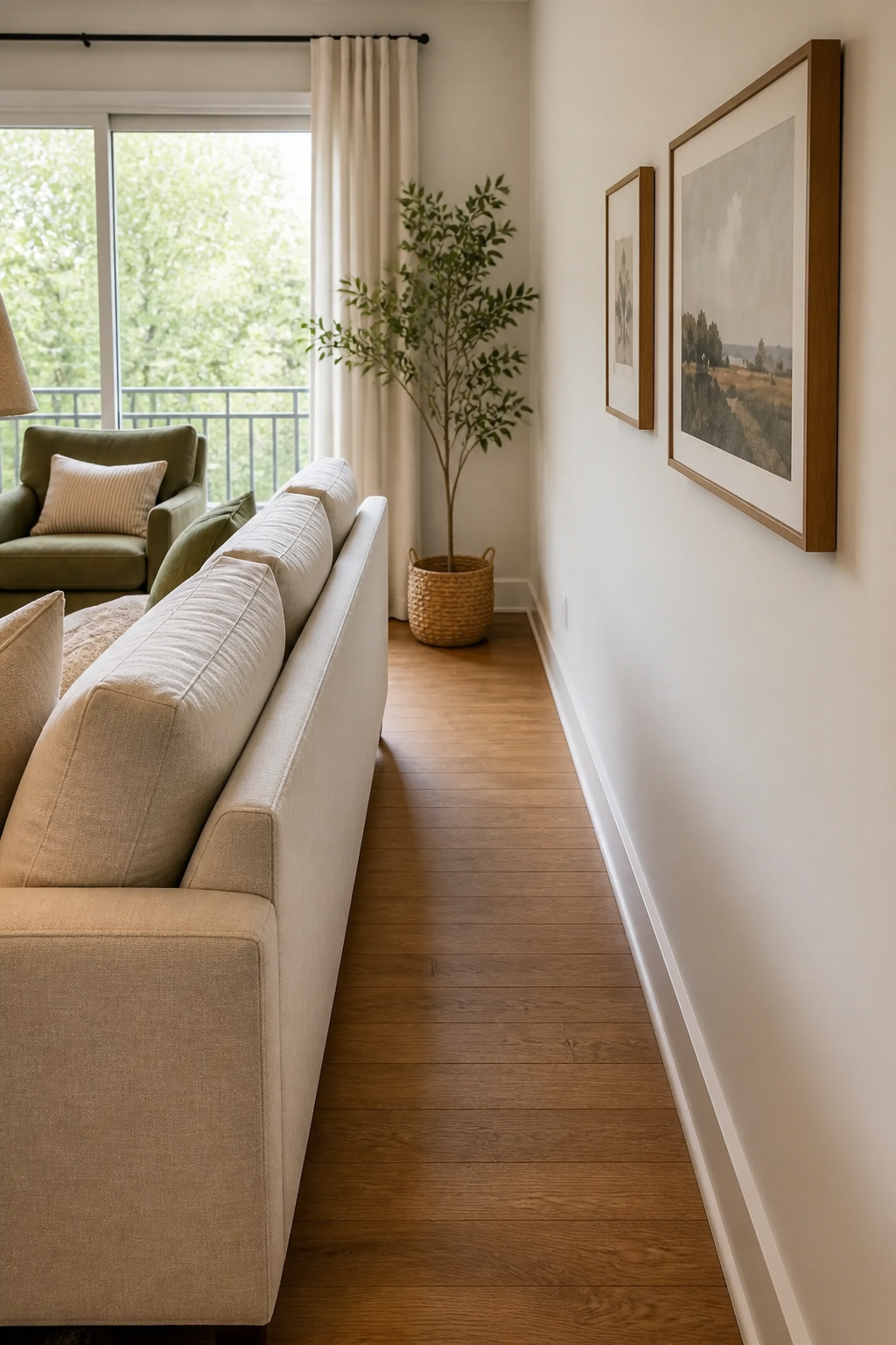 A clear, unobstructed hardwood walkway running behind a beige sofa.