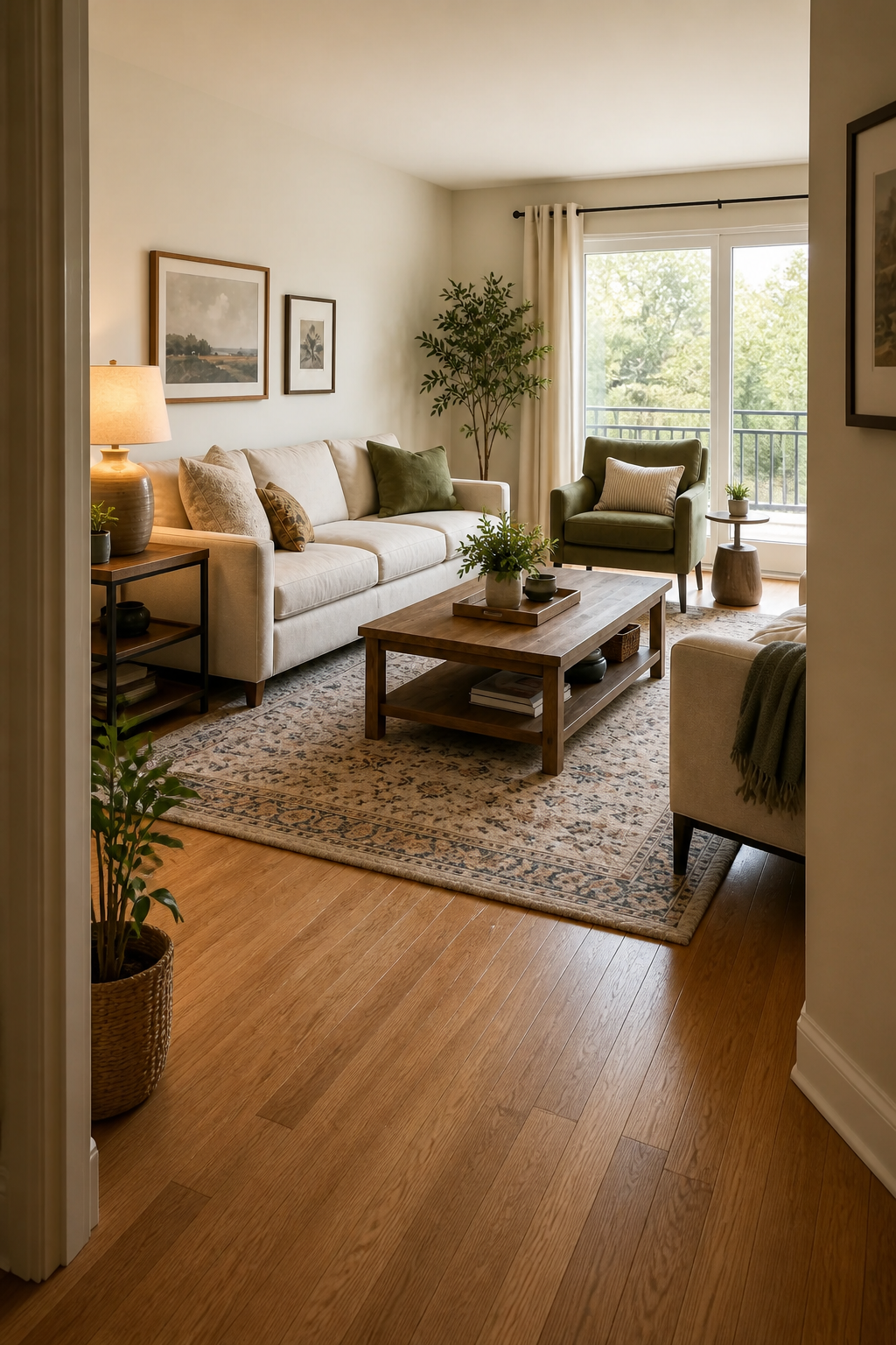 A wide view from the doorway showing a perfectly spaced, inviting living room layout.