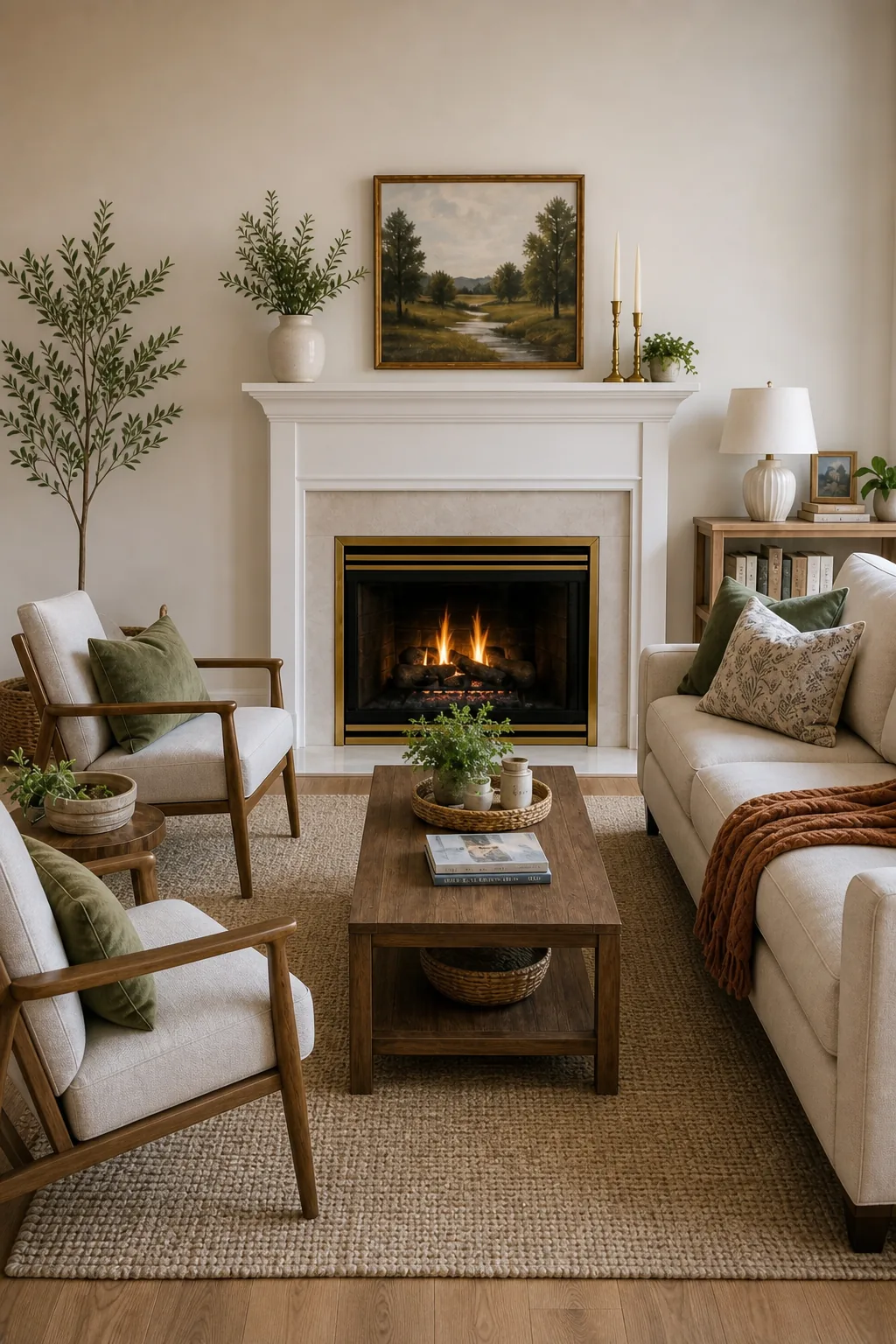 A styled fireplace and mantel serving as the central focal point in a bright living room.