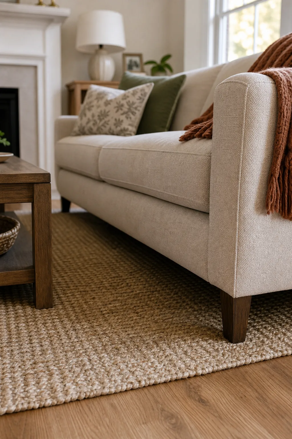 Close-up of the front legs of a beige sofa resting on a textured area rug over hardwood floors.