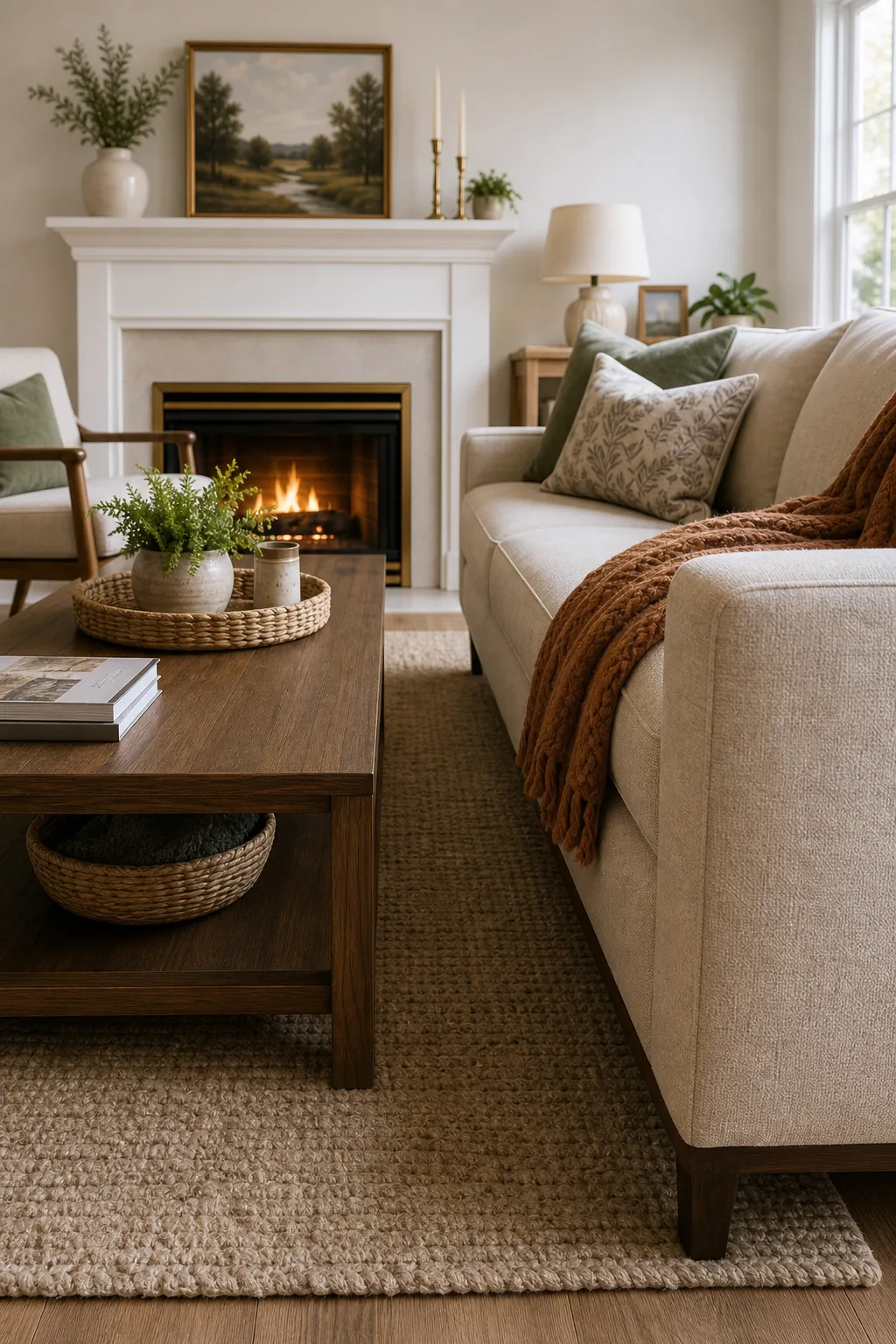 Two wooden accent chairs angled toward a beige sofa to create a cozy seating arrangement.