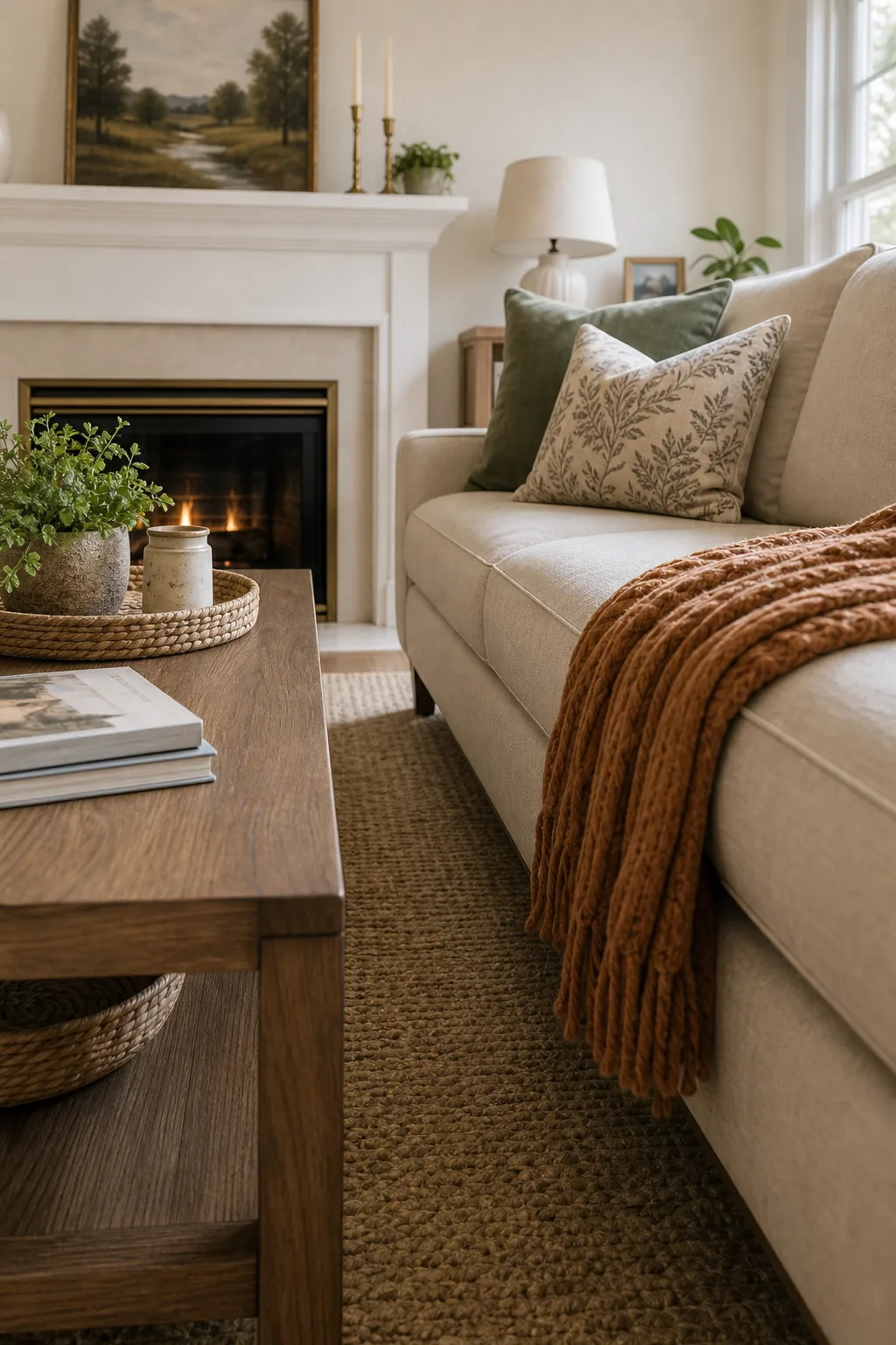 A clear view of the spacing gap between a wooden coffee table and a beige sofa.