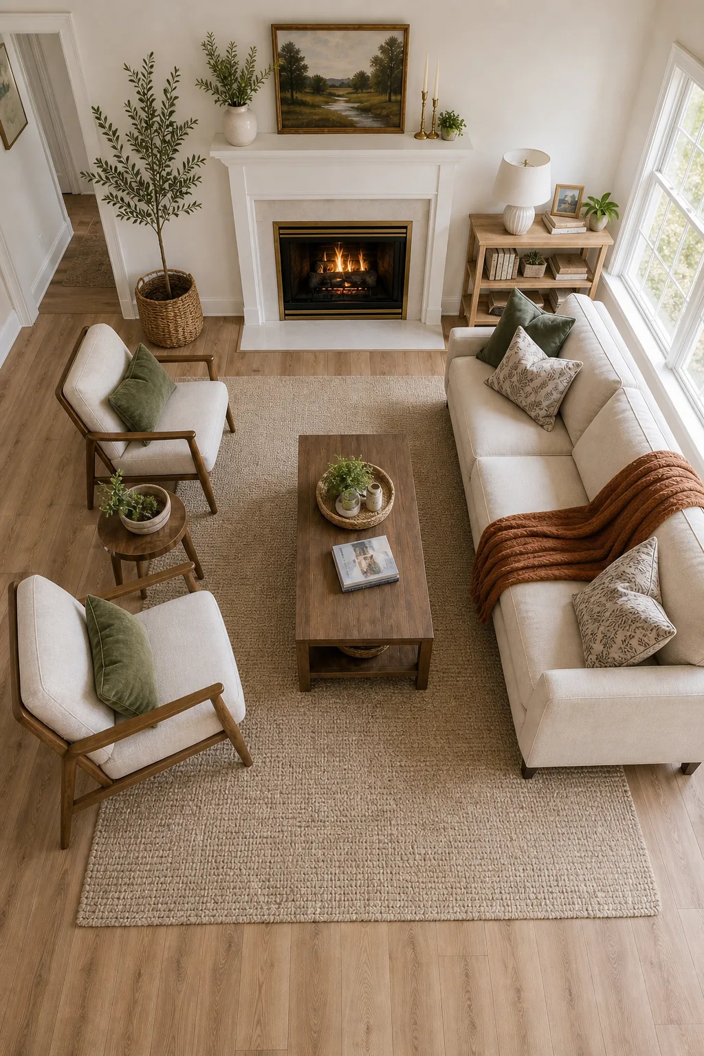Overhead view of a living room layout showing the precise spacing between the sofa, chairs, and coffee table.