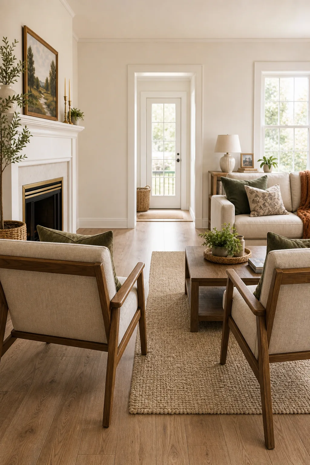 A clear, wide walkway space behind two wooden accent chairs in a living room.