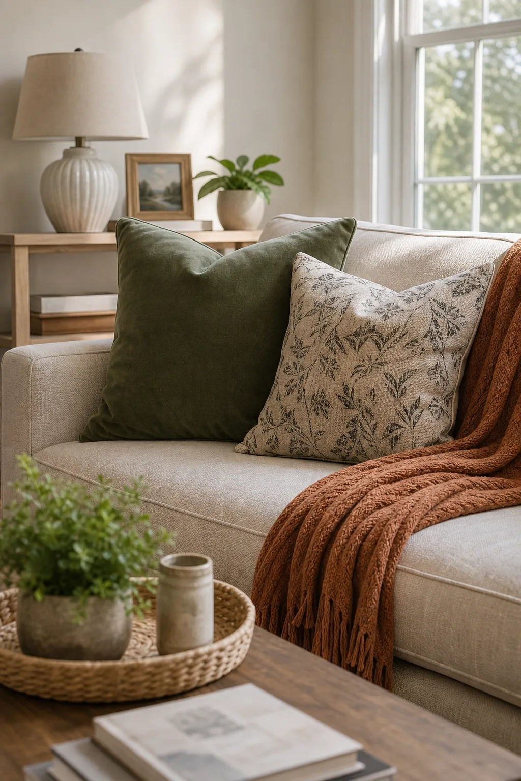 A green throw pillow and rust-colored blanket resting on a beige sofa against a neutral wall.