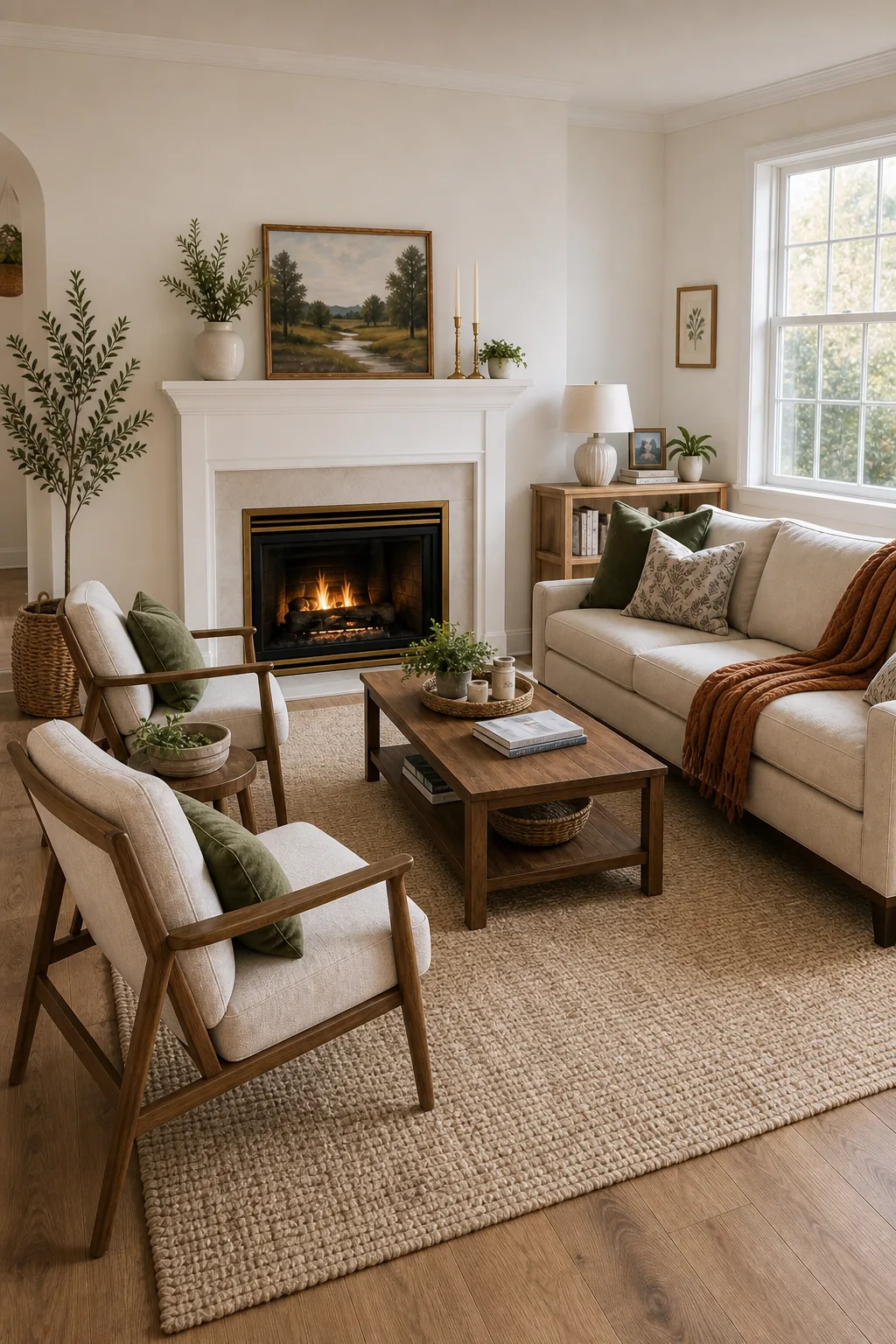 A balanced living room layout contrasting a solid beige sofa with airy, wood-framed accent chairs.