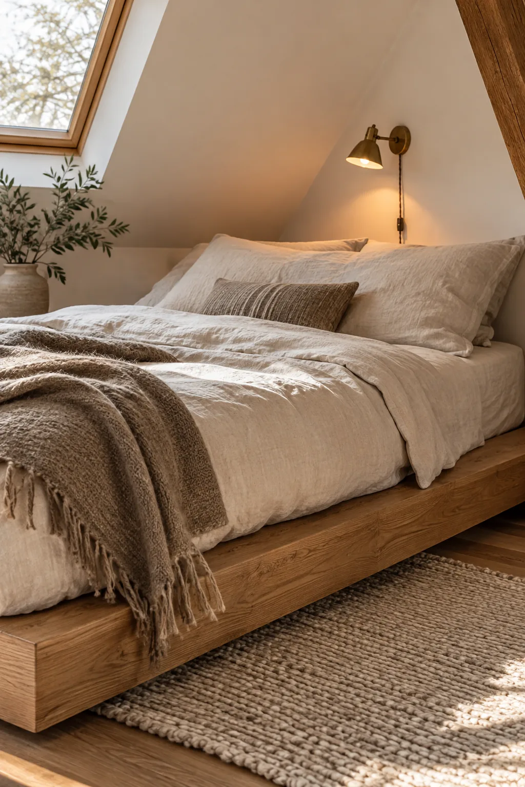 Low platform bed tucked neatly under the slanted ceiling of a loft bedroom