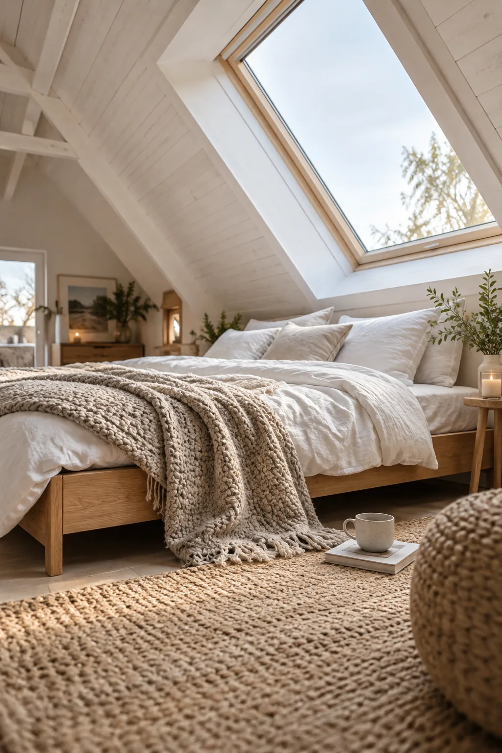 Bed positioned directly under a large skylight in an attic bedroom