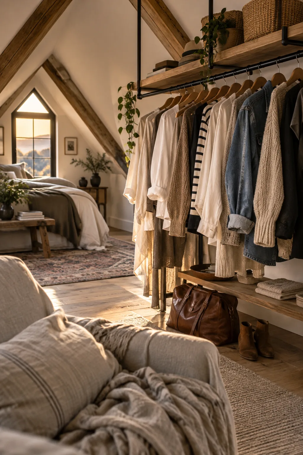Copper clothing rail hanging from exposed wooden ceiling beams in a loft