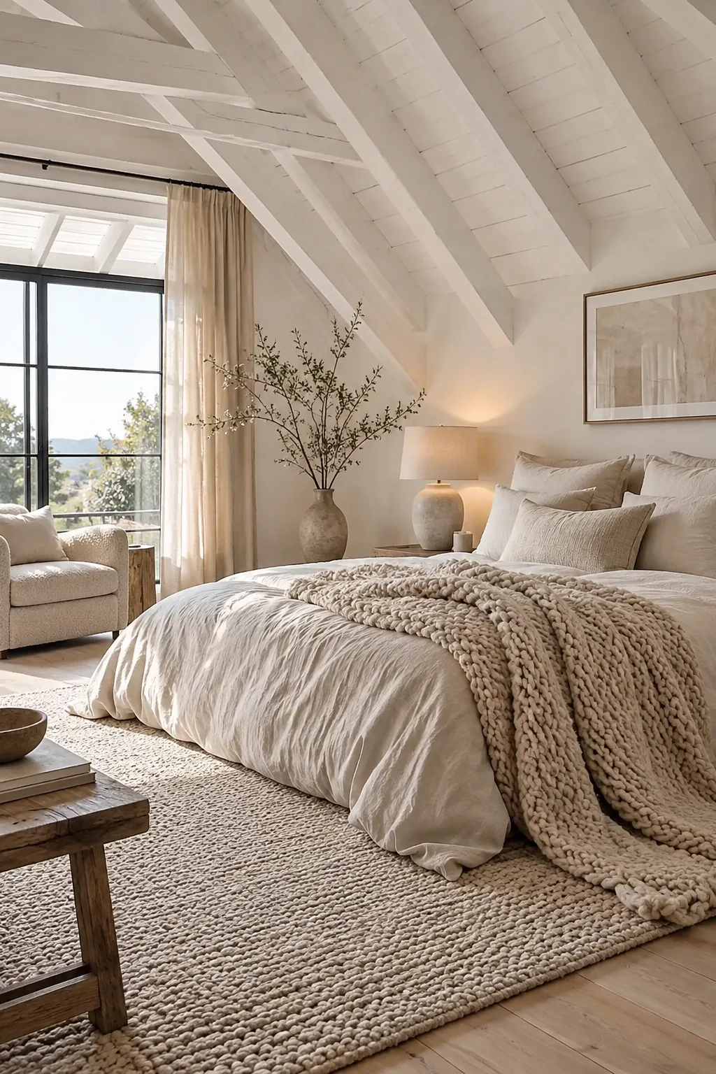 Bright loft bedroom with exposed ceiling beams painted crisp white