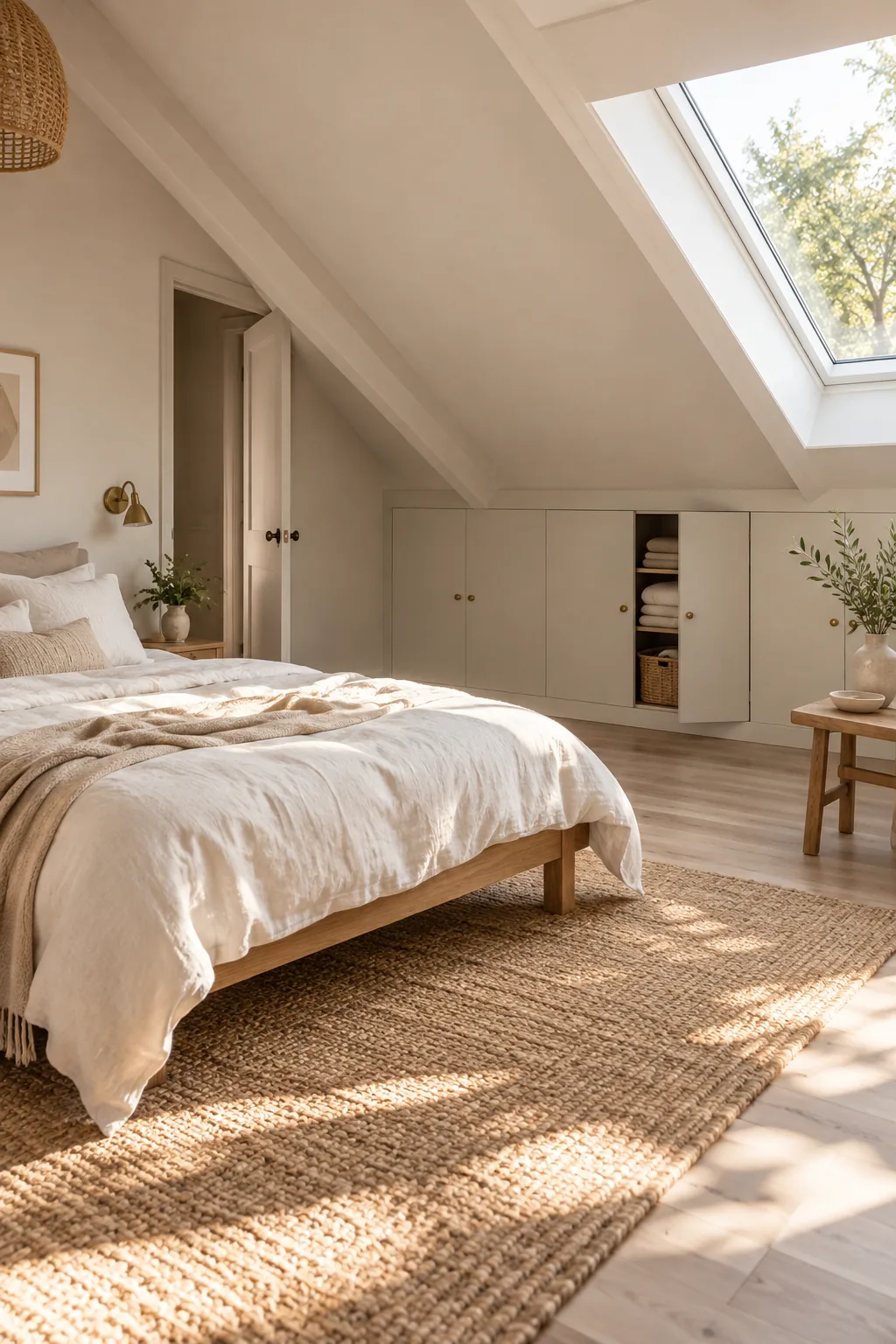 Seamless white cabinet doors built into the short knee wall of a slanted roof
