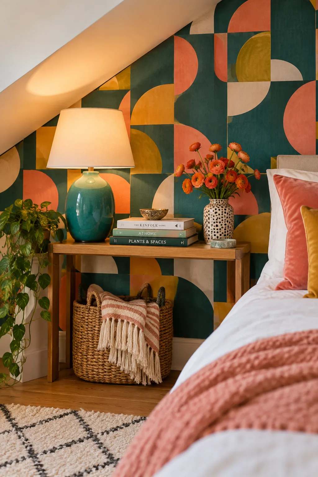 Bed placed against a vertical gable wall covered in bold geometric wallpaper