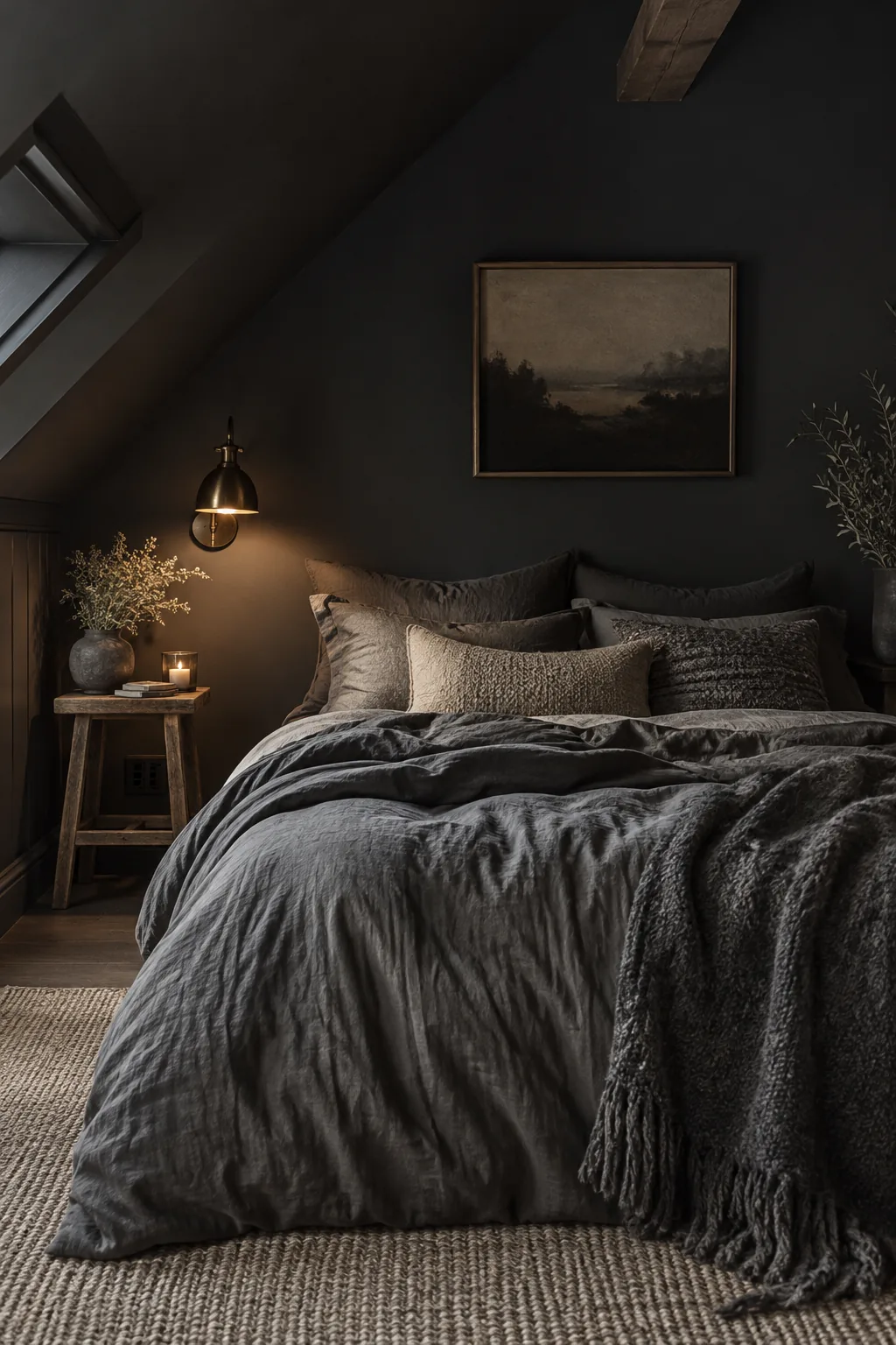 Loft bedroom painted entirely in dark charcoal gray including the slanted ceilings