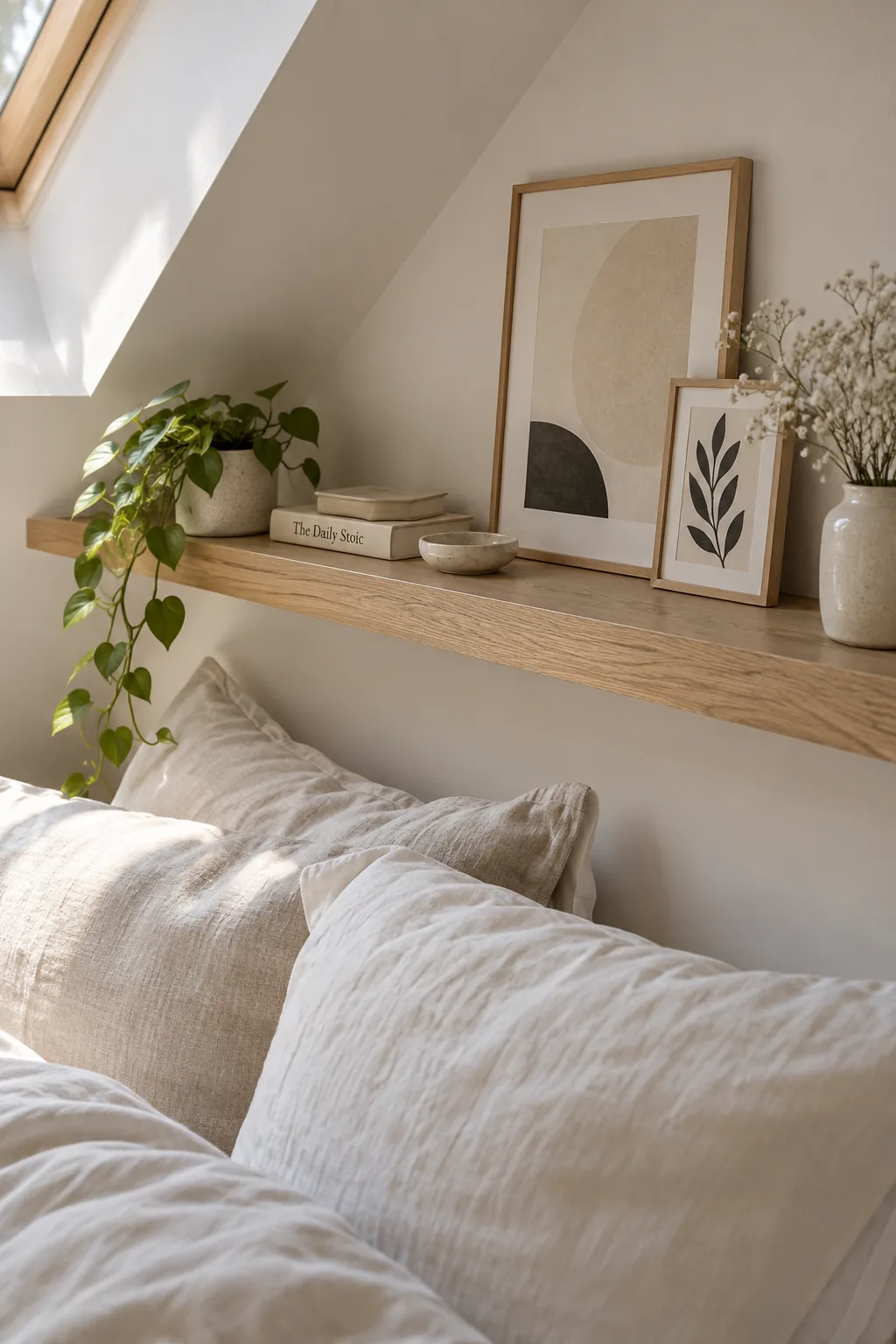 Slim floating wooden ledge above a bed holding small art prints and books
