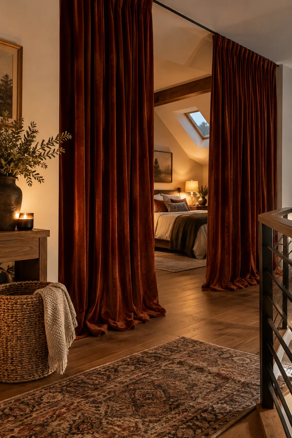 Thick velvet curtains hanging from a ceiling track to enclose a loft bedroom