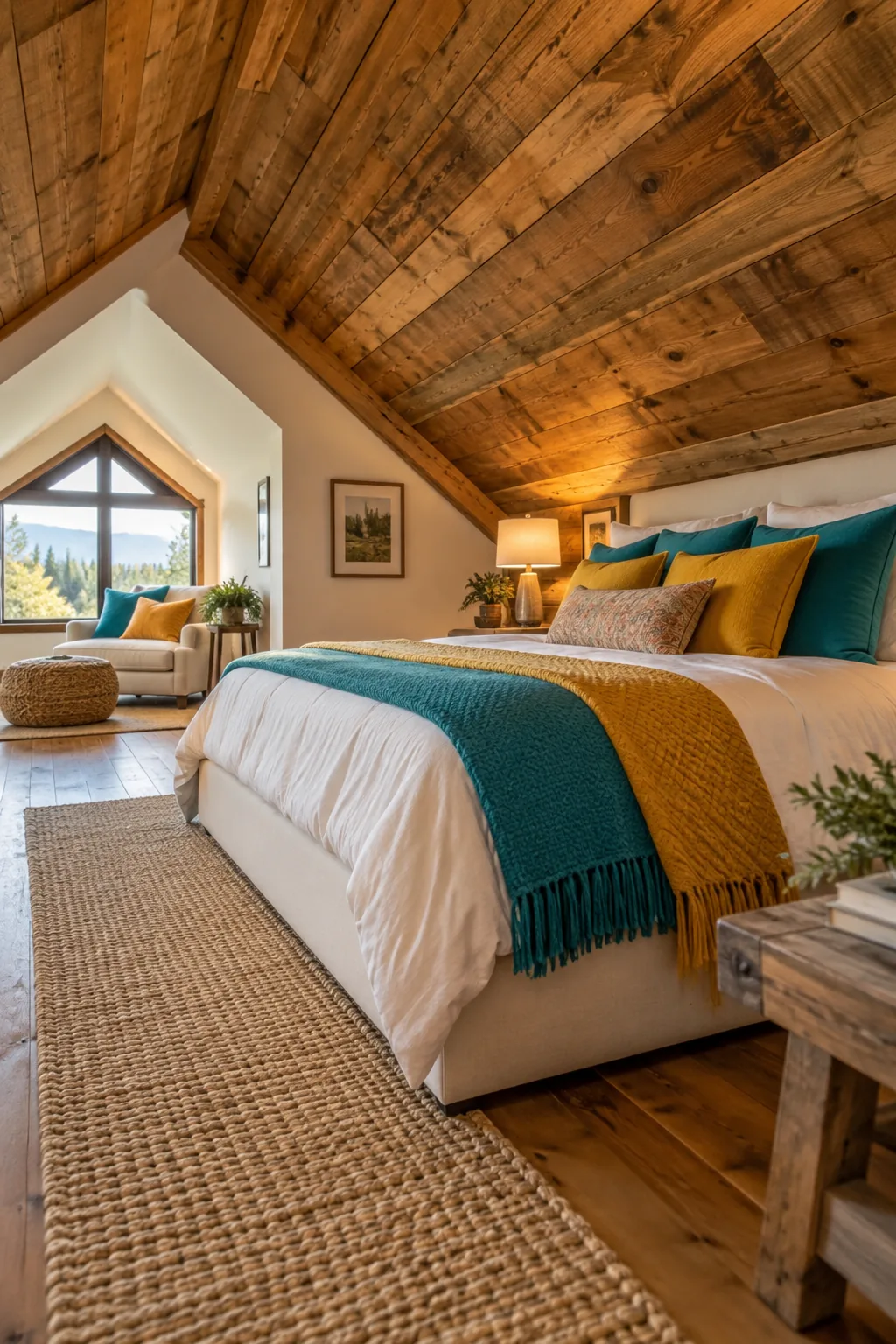 Loft bedroom featuring a slanted ceiling covered in warm reclaimed wood planks