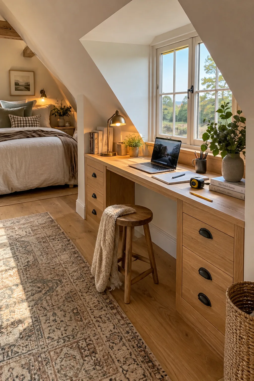 Custom floating desk built seamlessly into a dormer window alcove