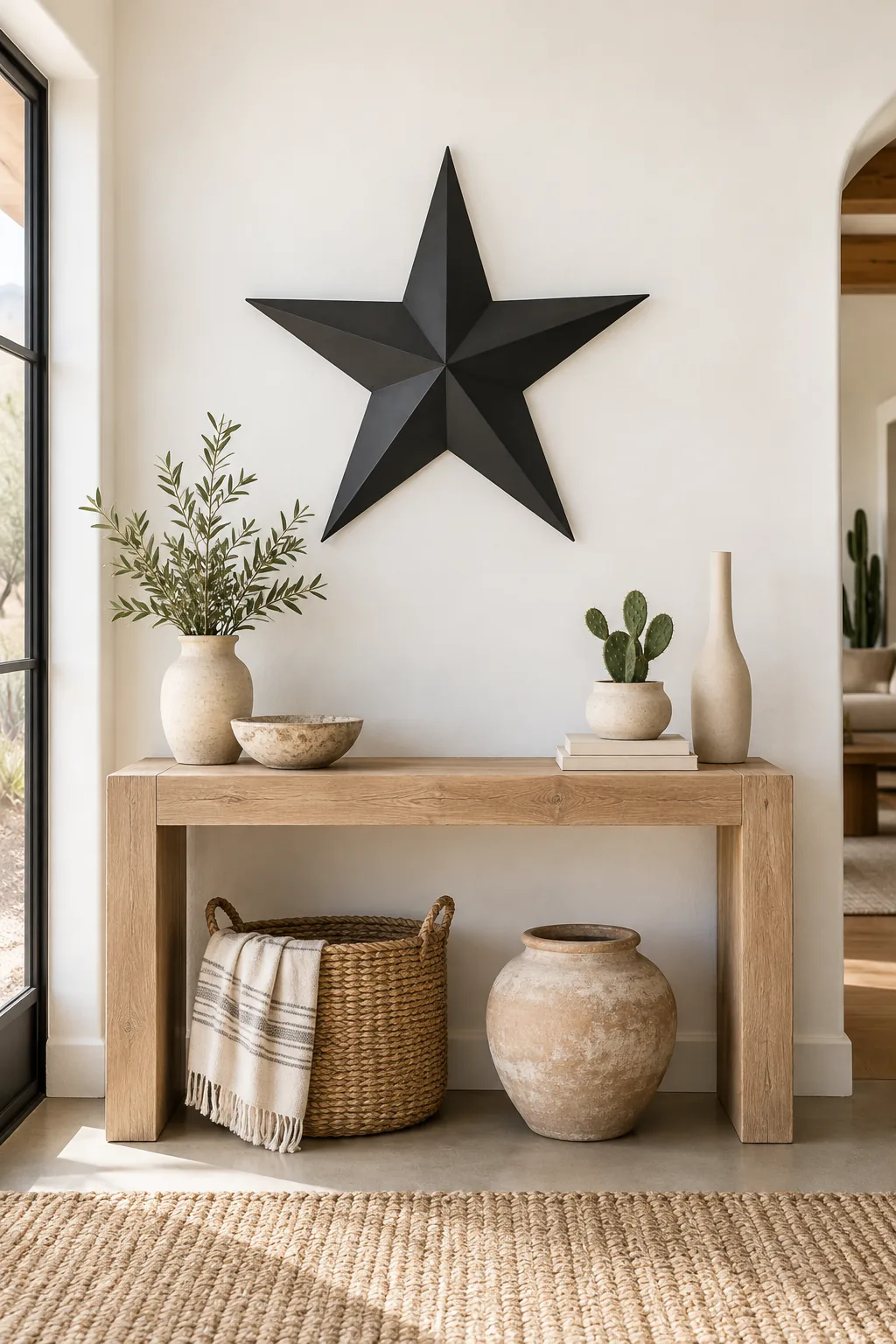 A matte black metal star above a bleached oak console table against a white wall.