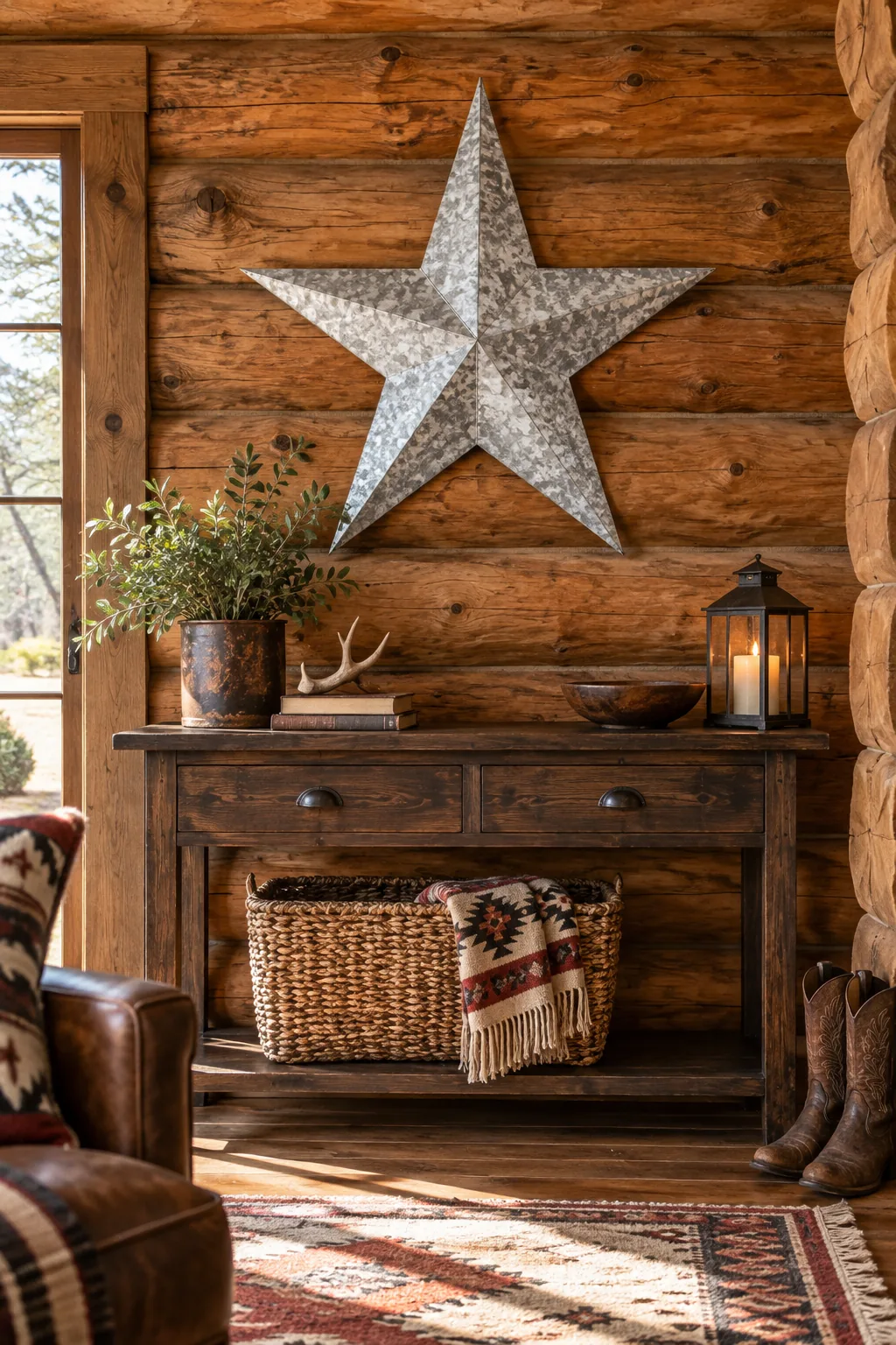 A galvanized silver metal star mounted on a rustic log cabin wall above a dark walnut table.