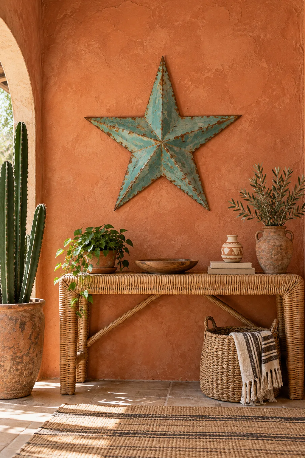 A turquoise painted metal star on a terracotta wall above a woven rattan console.