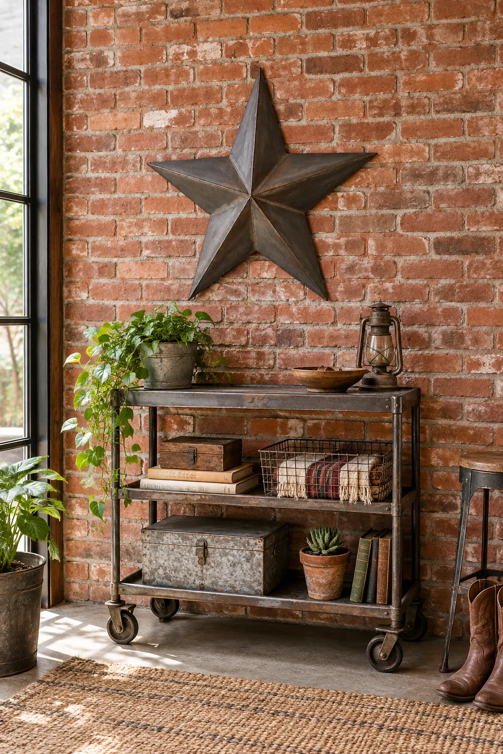 A raw steel metal star mounted on an exposed red brick wall above a vintage metal rolling cart.
