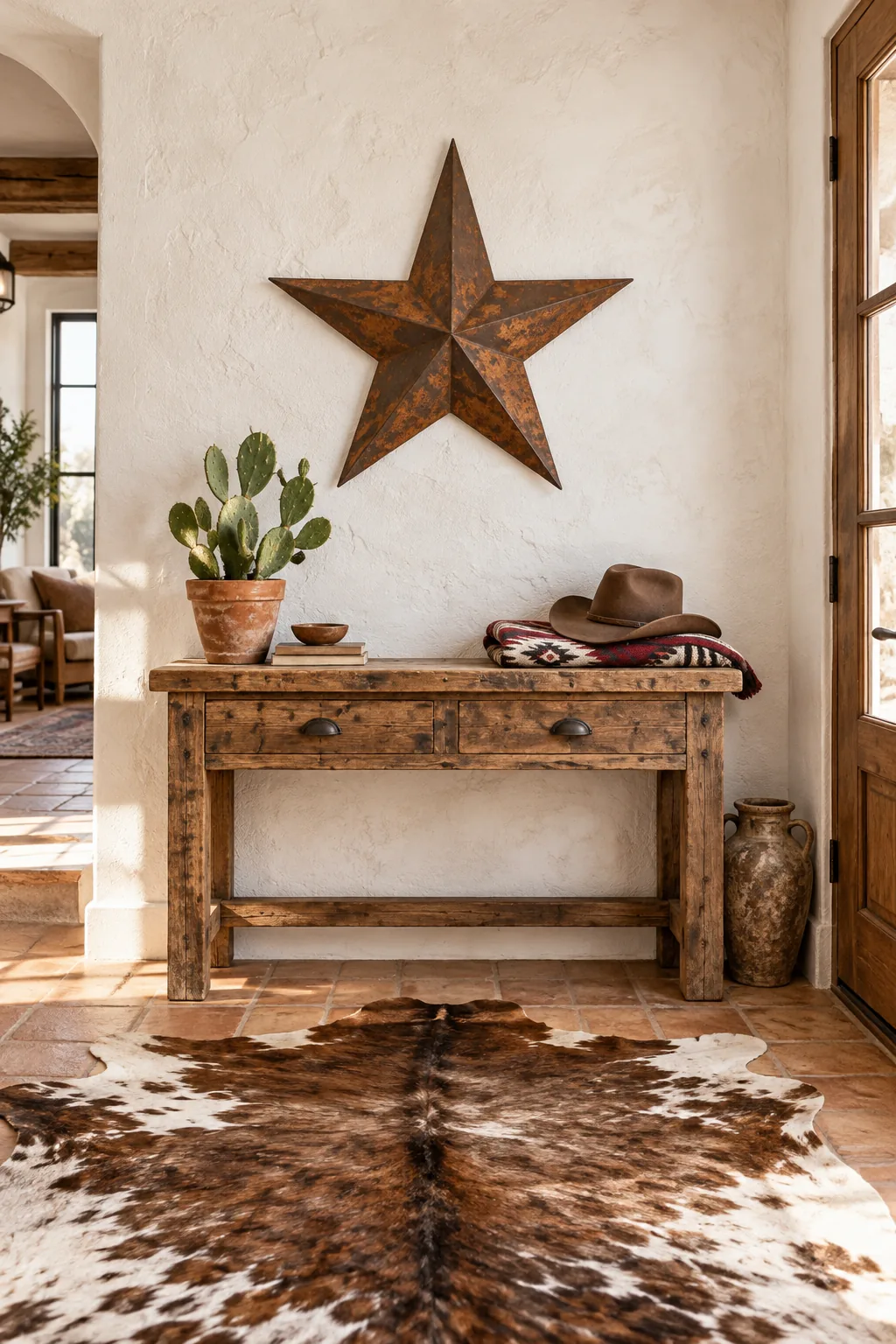 Close-up of a rusted metal star point resting against a textured warm-white limewashed wall.