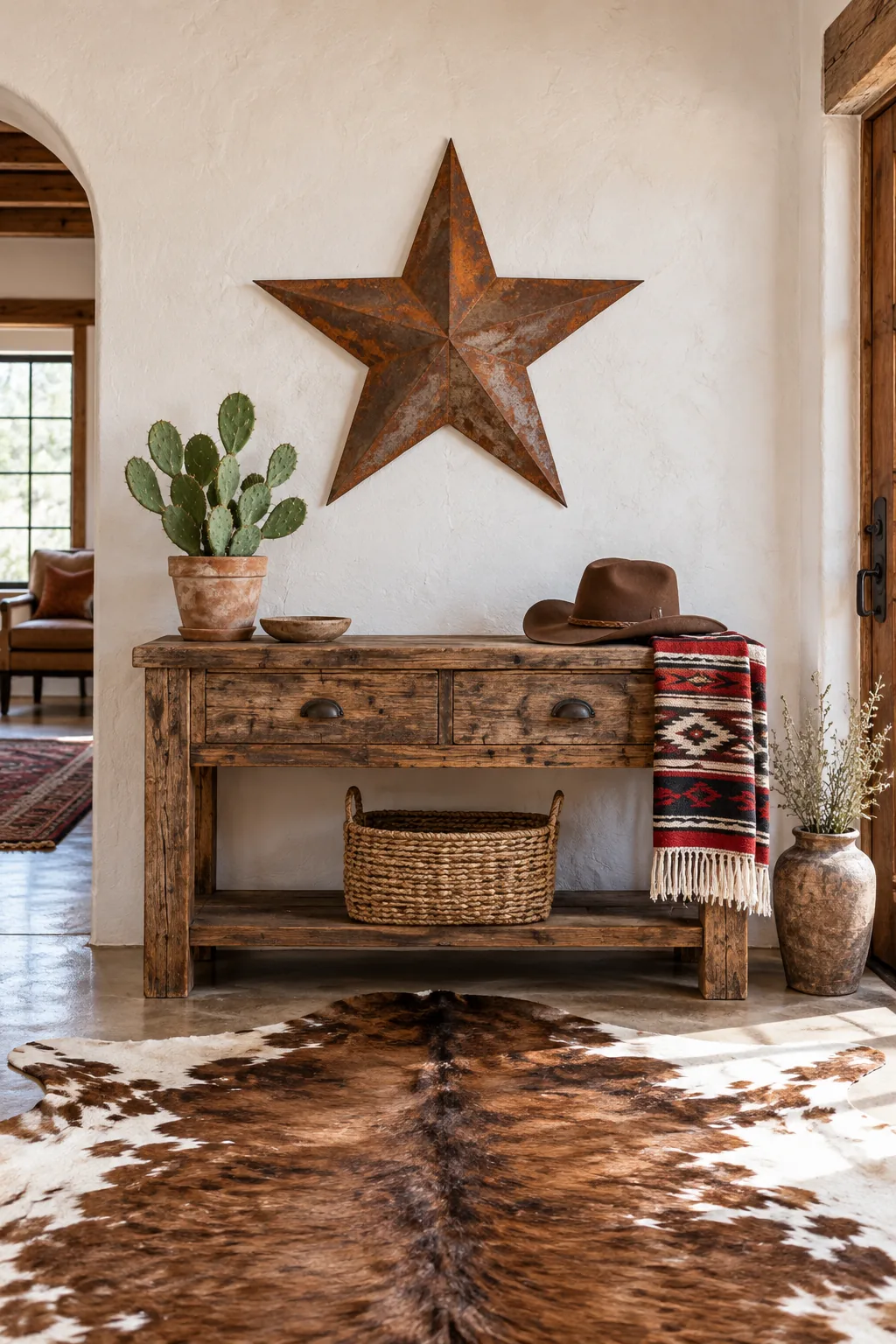 Low angle view showing the dark spine of a cowhide rug aligning vertically with a metal star on the wall.