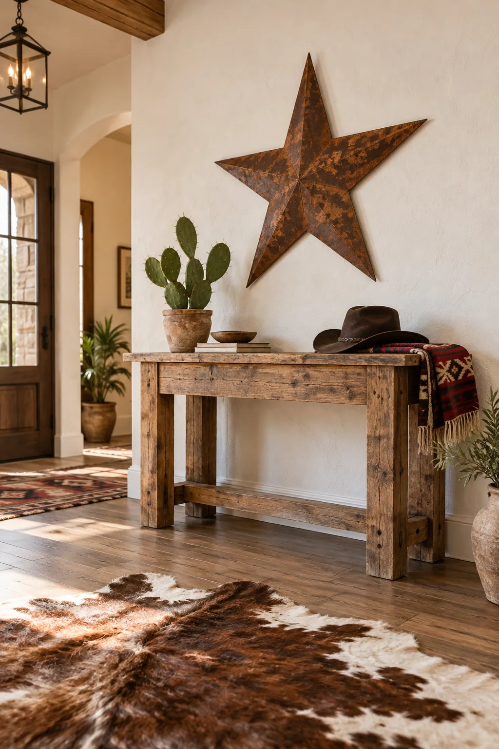 Straight-on view of a 30-inch metal star perfectly proportioned above a 48-inch wooden console table.