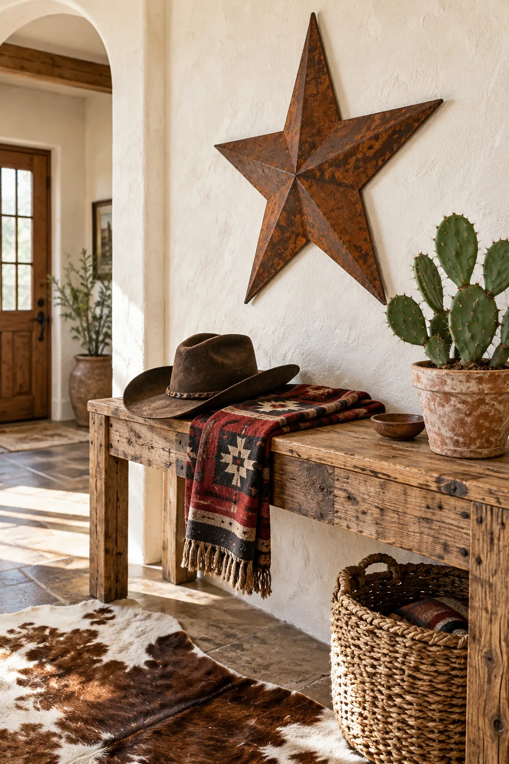 A rustic wooden console table styled with a felt cowboy hat, a saddle blanket, and a potted prickly pear.