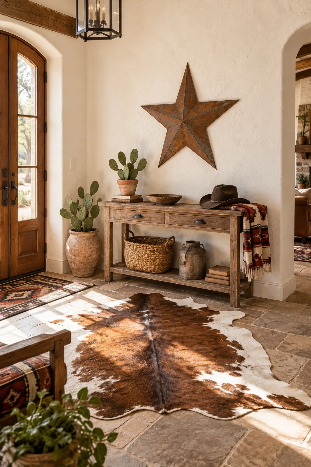 A beautifully styled western entryway featuring a perfectly proportioned metal star, console table, and cowhide rug.