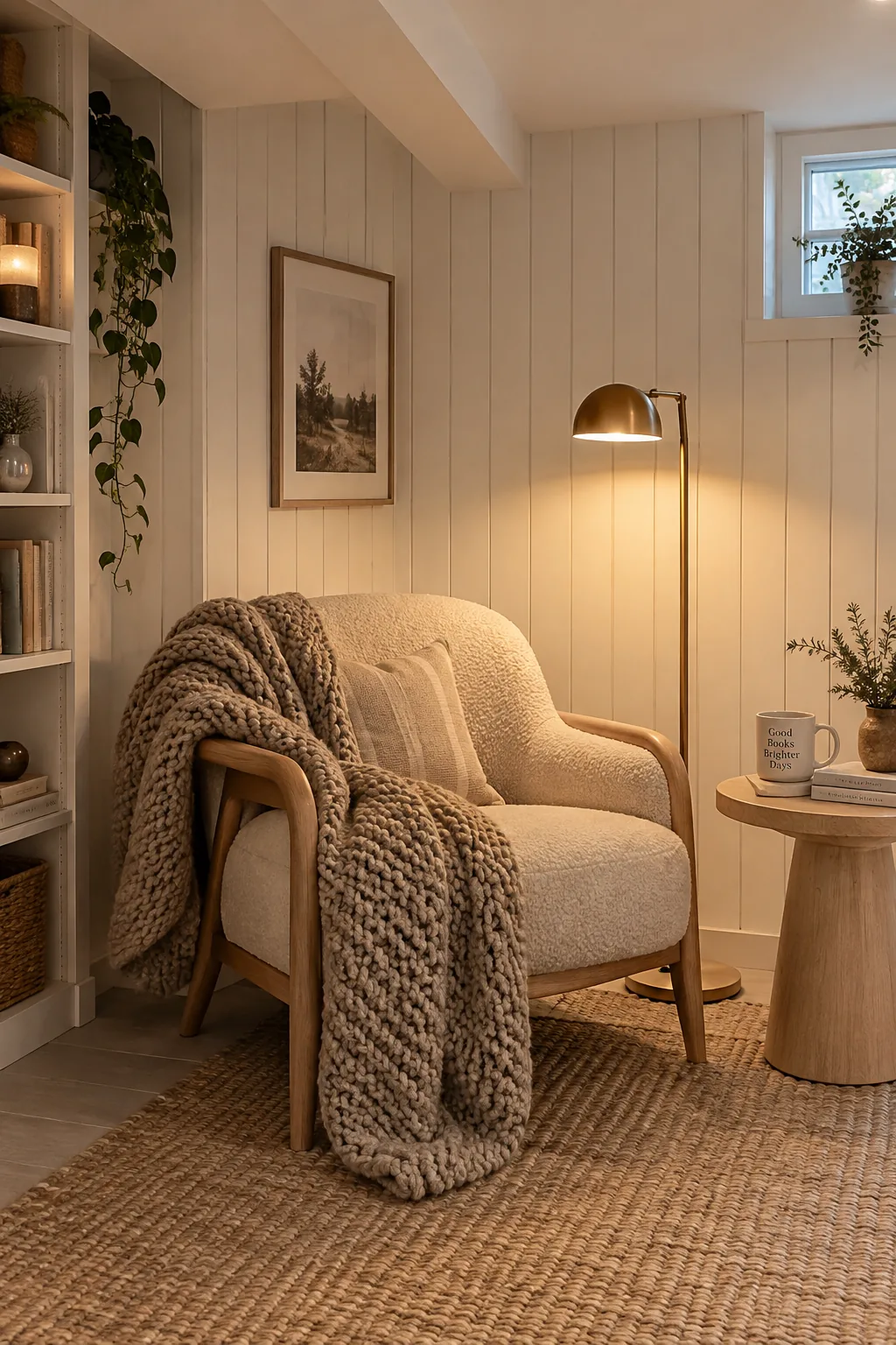 Basement walls covered in narrow vertical white shiplap paneling.