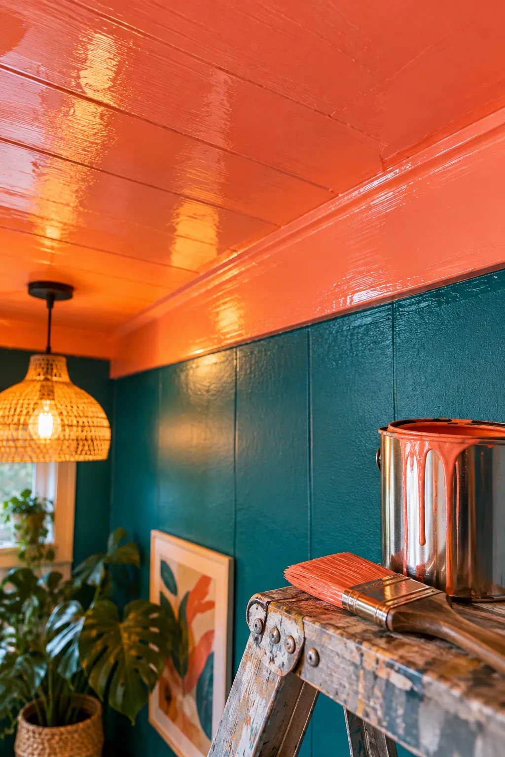 A basement ceiling painted in a high-gloss finish reflecting the room's ambient light.
