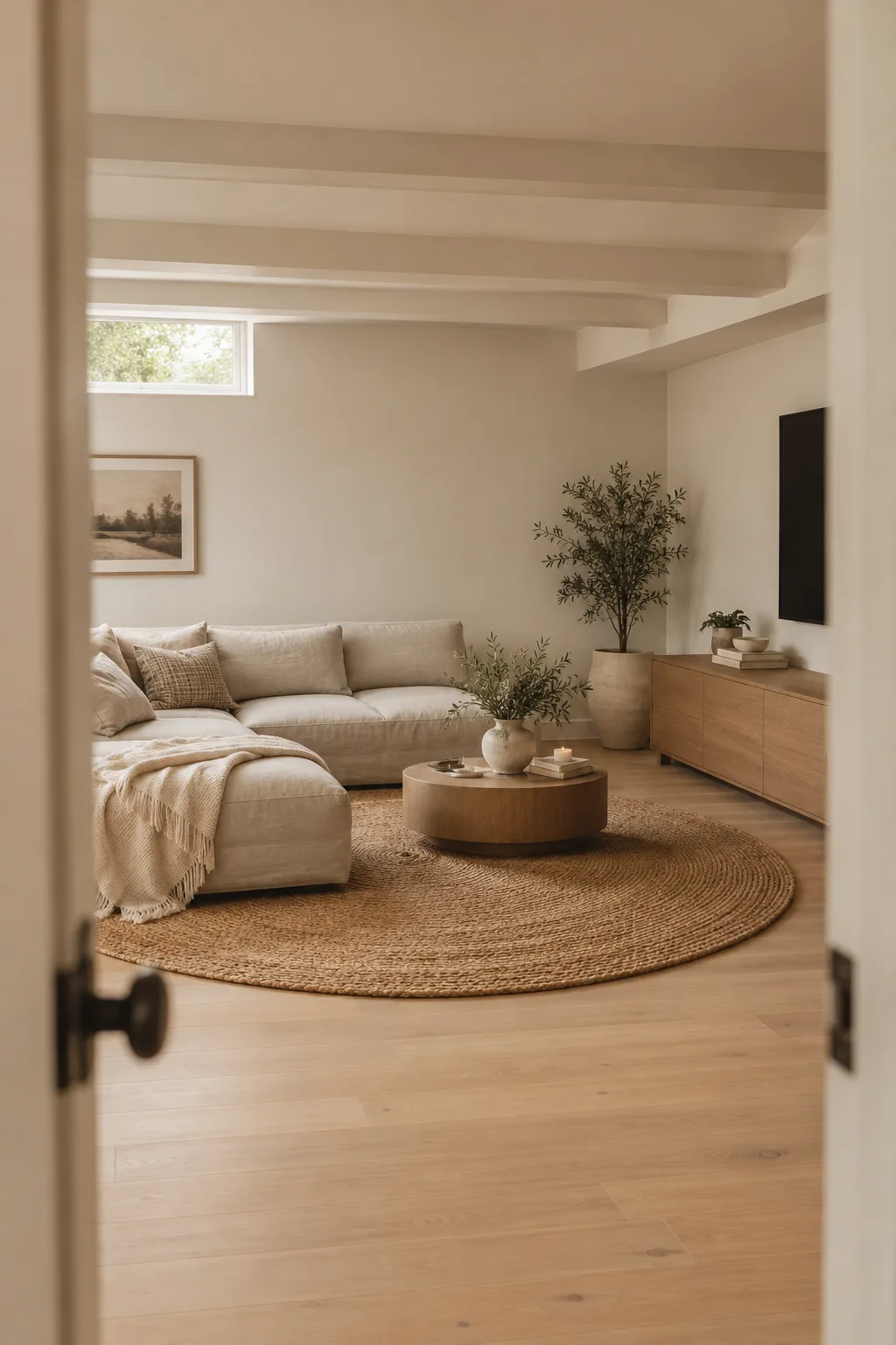 A modern basement living room furnished with a low-profile gray sectional sofa.