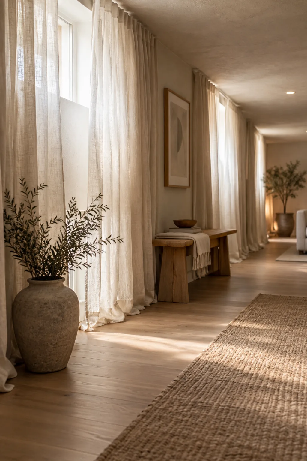 Long beige curtains hanging from the top edge of a basement wall all the way to the floor.