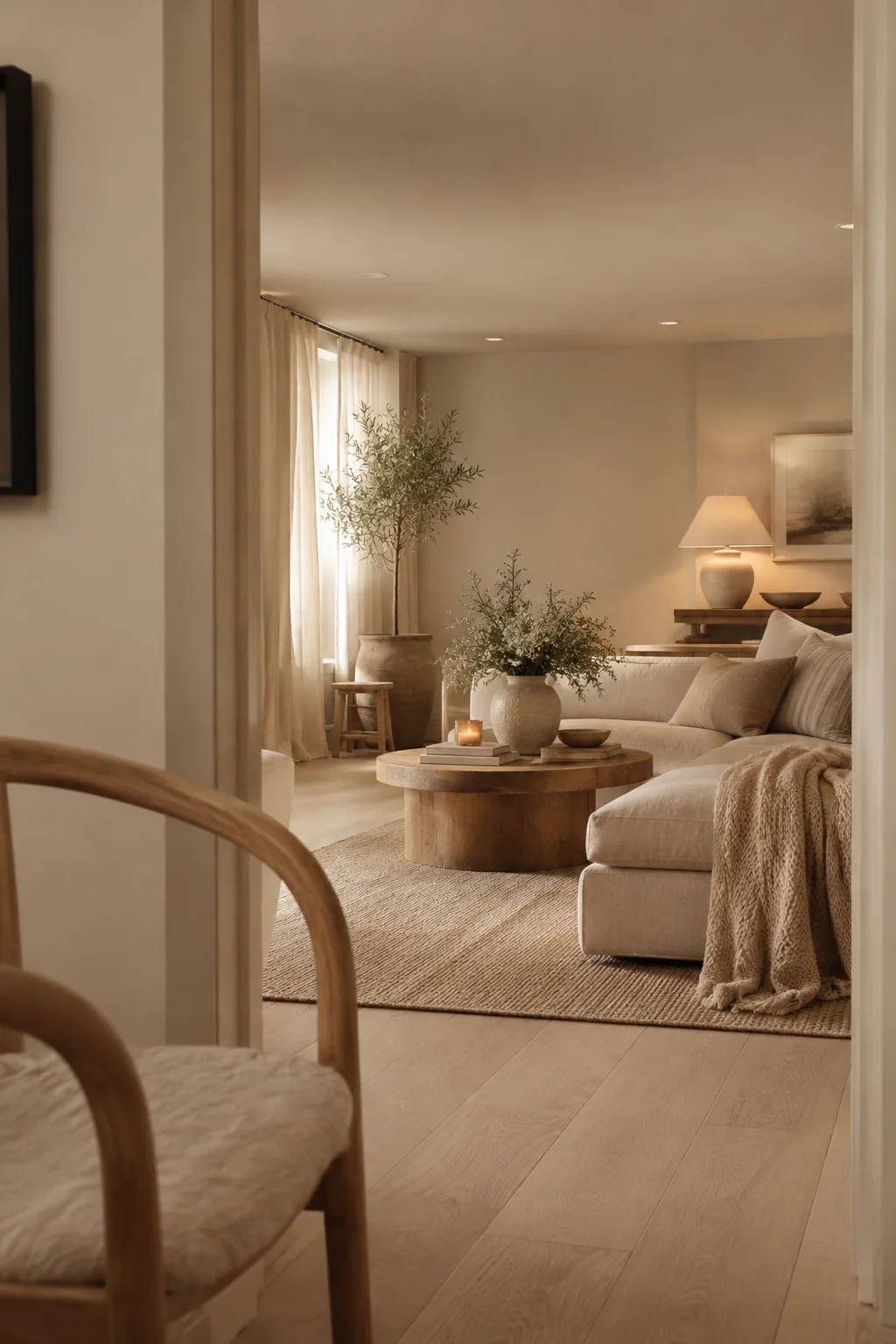 A basement room where the walls, trim, and ceiling are all painted in the same soft sage green.