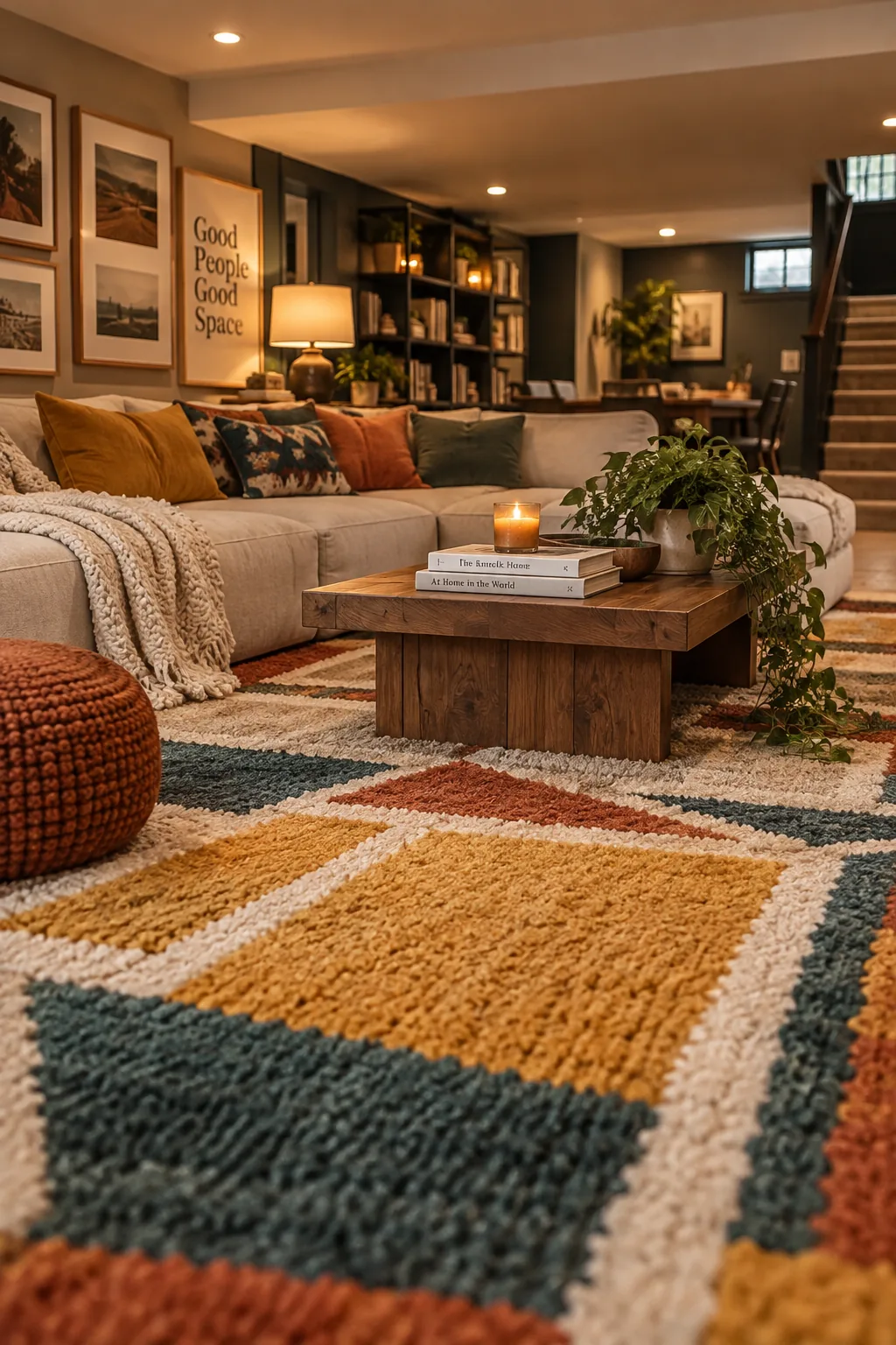 A large, colorful vintage-style area rug covering the floor of a cozy basement.
