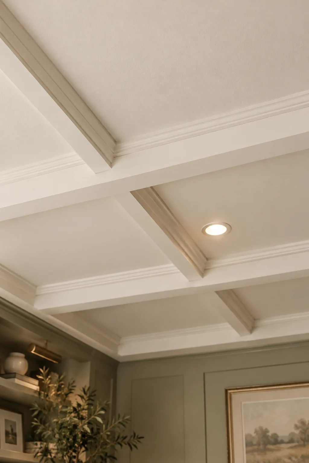 A basement ceiling featuring a shallow, elegant coffered grid design in white trim.