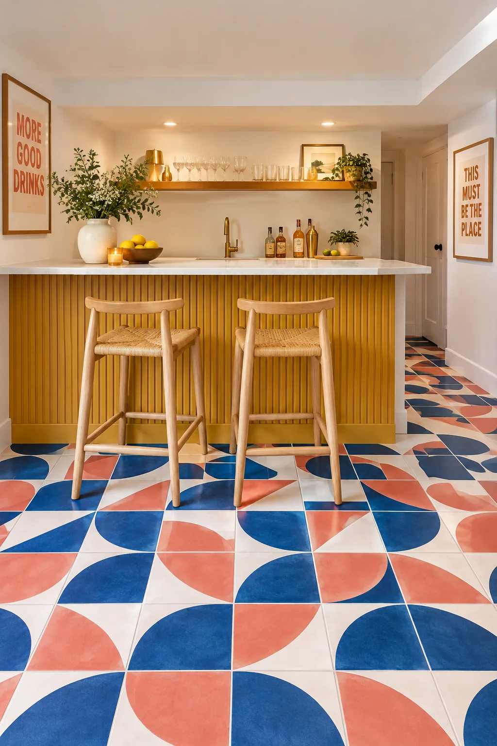A basement bar area featuring bold black and white geometric accent floor tiles.
