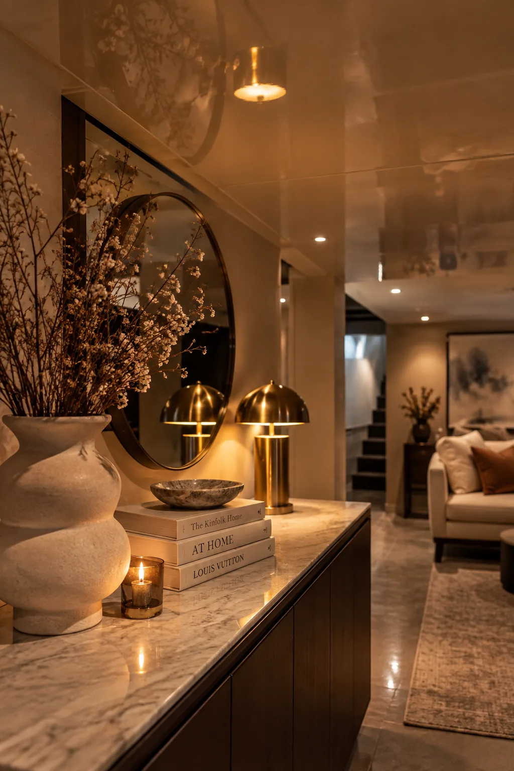 A sleek, highly reflective white stretch ceiling installed in a modern basement.
