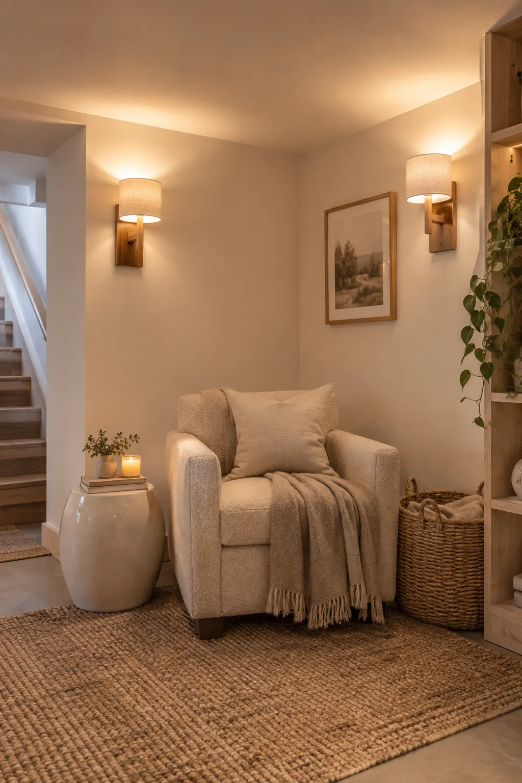 Modern brass wall sconces illuminating a white basement ceiling with a soft upward glow.