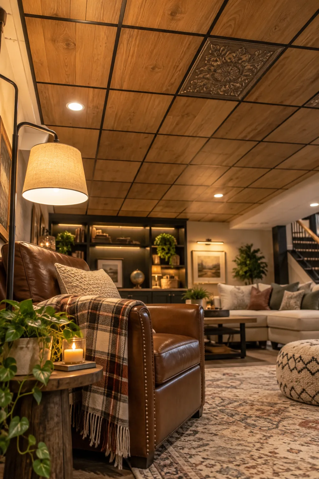 A drop ceiling grid filled with sleek faux wood planks instead of traditional acoustic tiles.