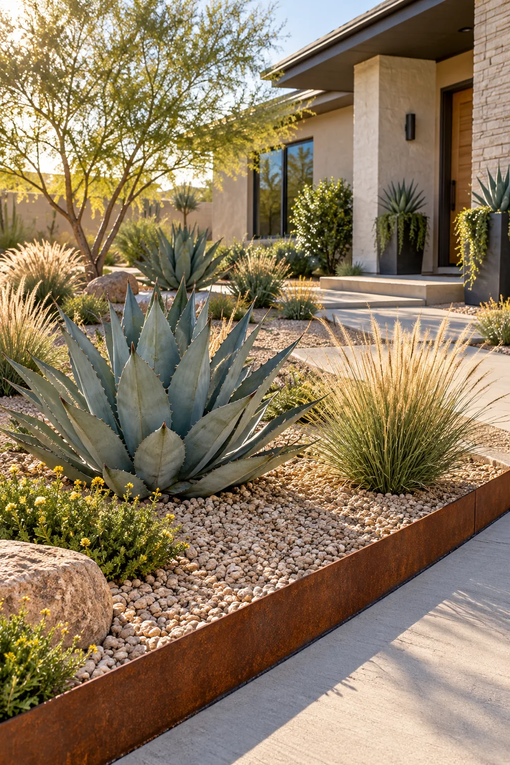 A modern desert front yard with crushed gravel, agave plants, ornamental grasses, and corten steel edging.