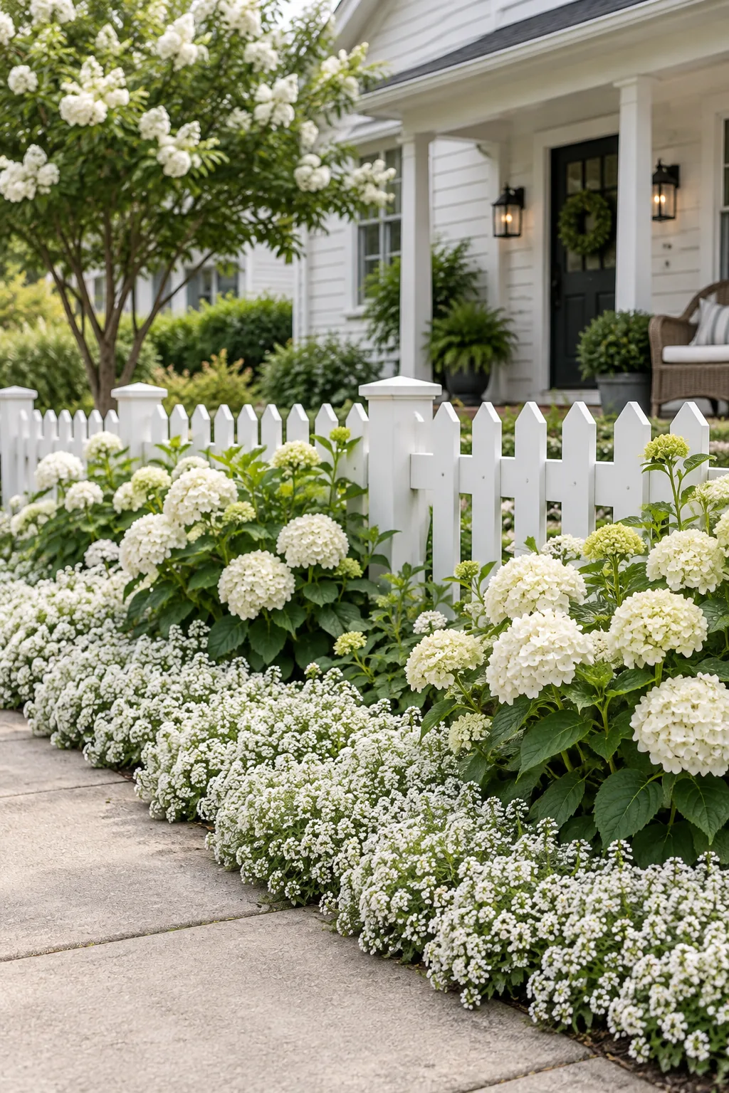 A cottage-style front yard with a white picket fence, white hydrangeas, and sweet alyssum groundcover.