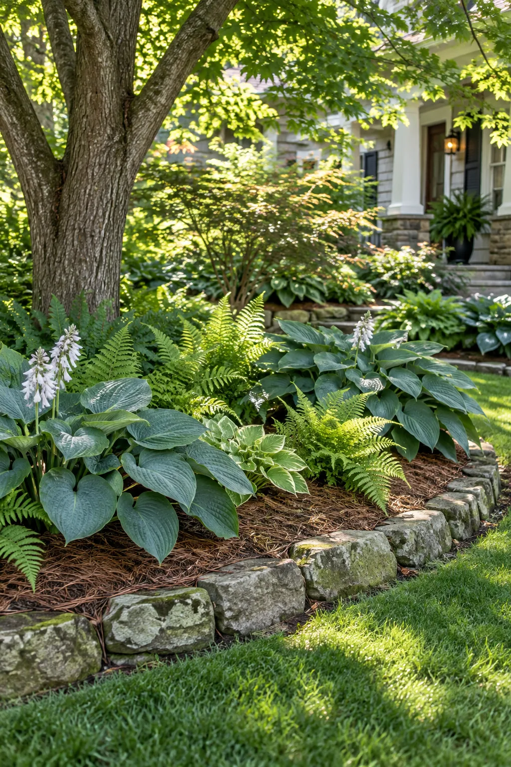 A shaded woodland front yard bed with a natural stone edge, large hostas, ferns, and pine needle mulch.