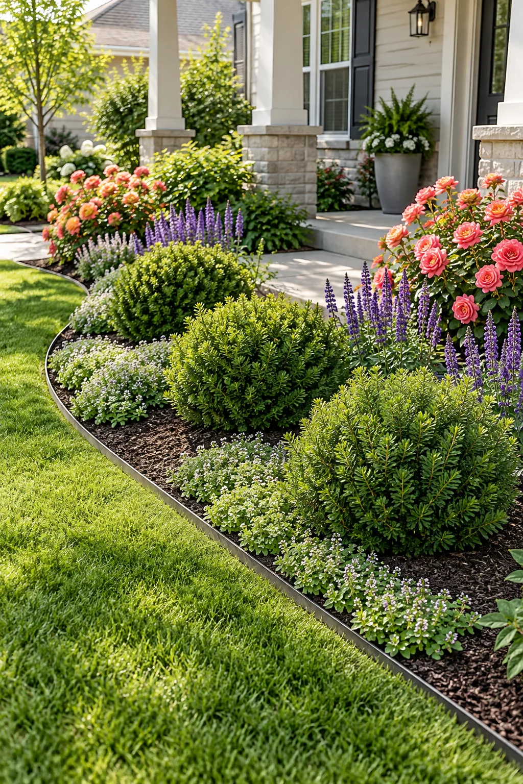 Three dwarf evergreen shrubs planted in a mulched garden bed with clear, wide gaps between them.
