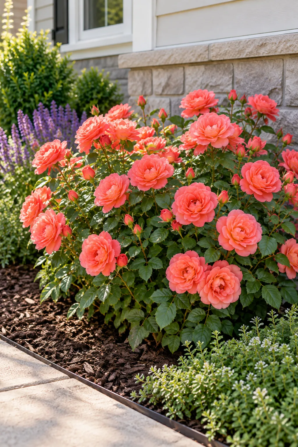 Vibrant coral shrub roses blooming profusely with clean foliage and no dead flowers against a house foundation.